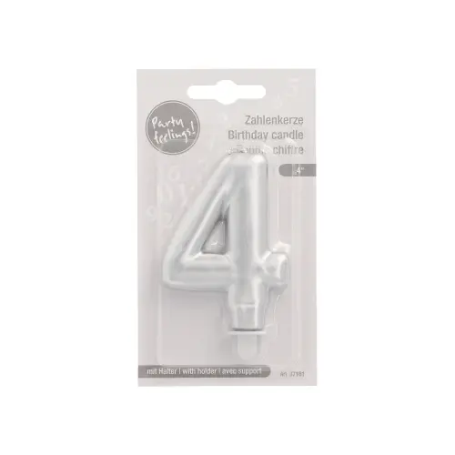PAPSTAR Zahlenkerze mit Halter 7 cm silber "4" aus Paraffin, raucharme Geburtstagskerze für Torten und Jubiläen, Artikel 89158