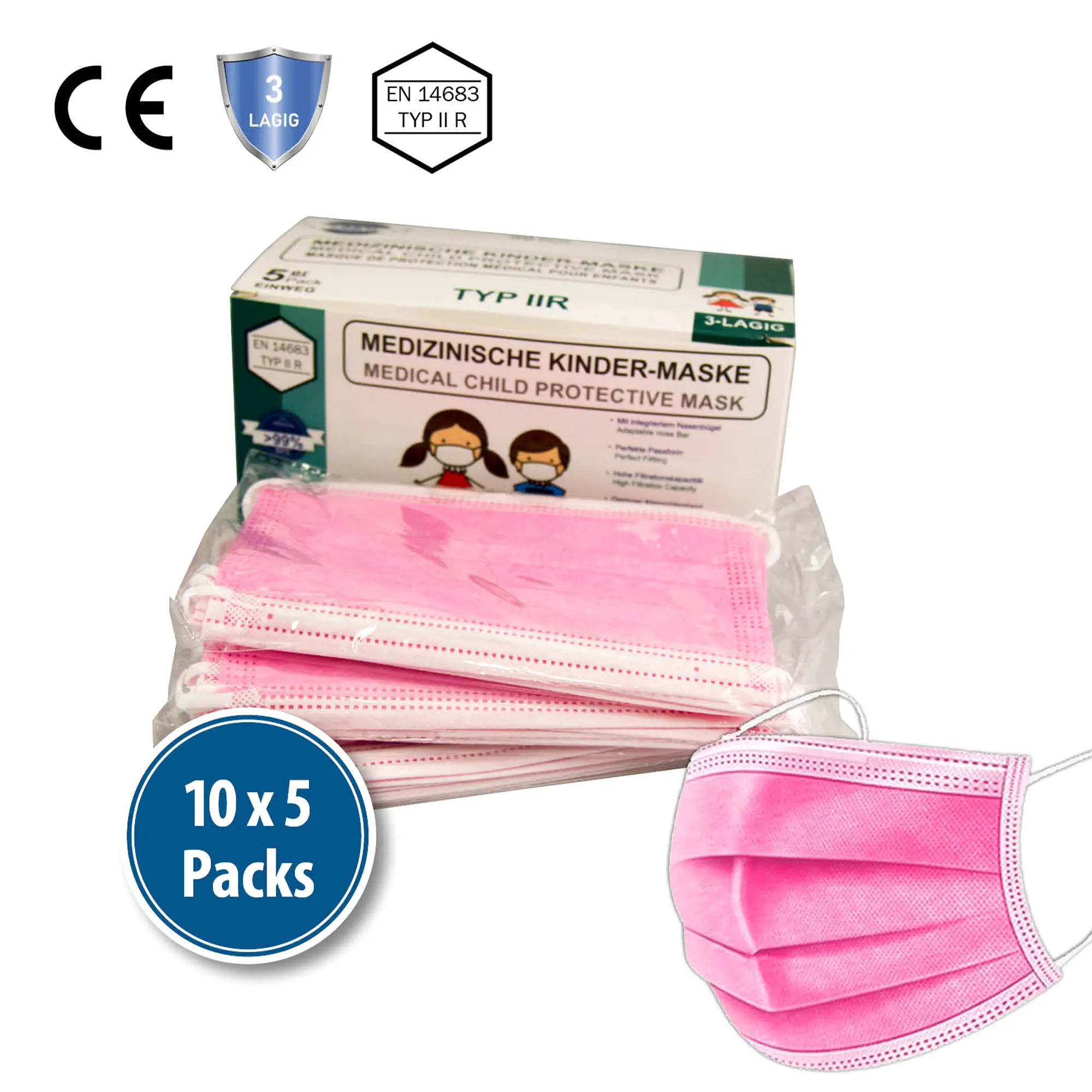 Kindermasken - Mundschutz für Kinder Typ II R 3-lagig 50 Stück in Rosa, medizinische CE-zertifizierte Sarima-Hygiene OP-Masken für Kinder, 10 x 5 Packs