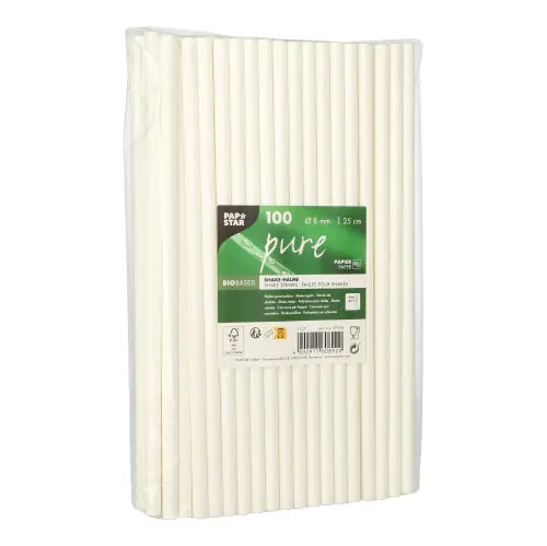 PAPSTAR Shake-Halme, Papier "pure" Ø 8 mm, 25 cm weiß, 12 x 100 Stück im Beutel, FSC-zertifizierte, nachhaltige Papier-Trinkhalme für Shakes und Erfrischungsgetränke, Art.-Nr. 87998