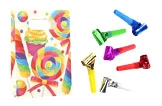 Mitgebsel-Set Partytröten mit bunter Süßigkeiten-Tüte, farbenfrohe Tröten in Blau, Grün, Gelb, Lila, Rot und Silber für Kindergeburtstag, Art.-Nr. 90672