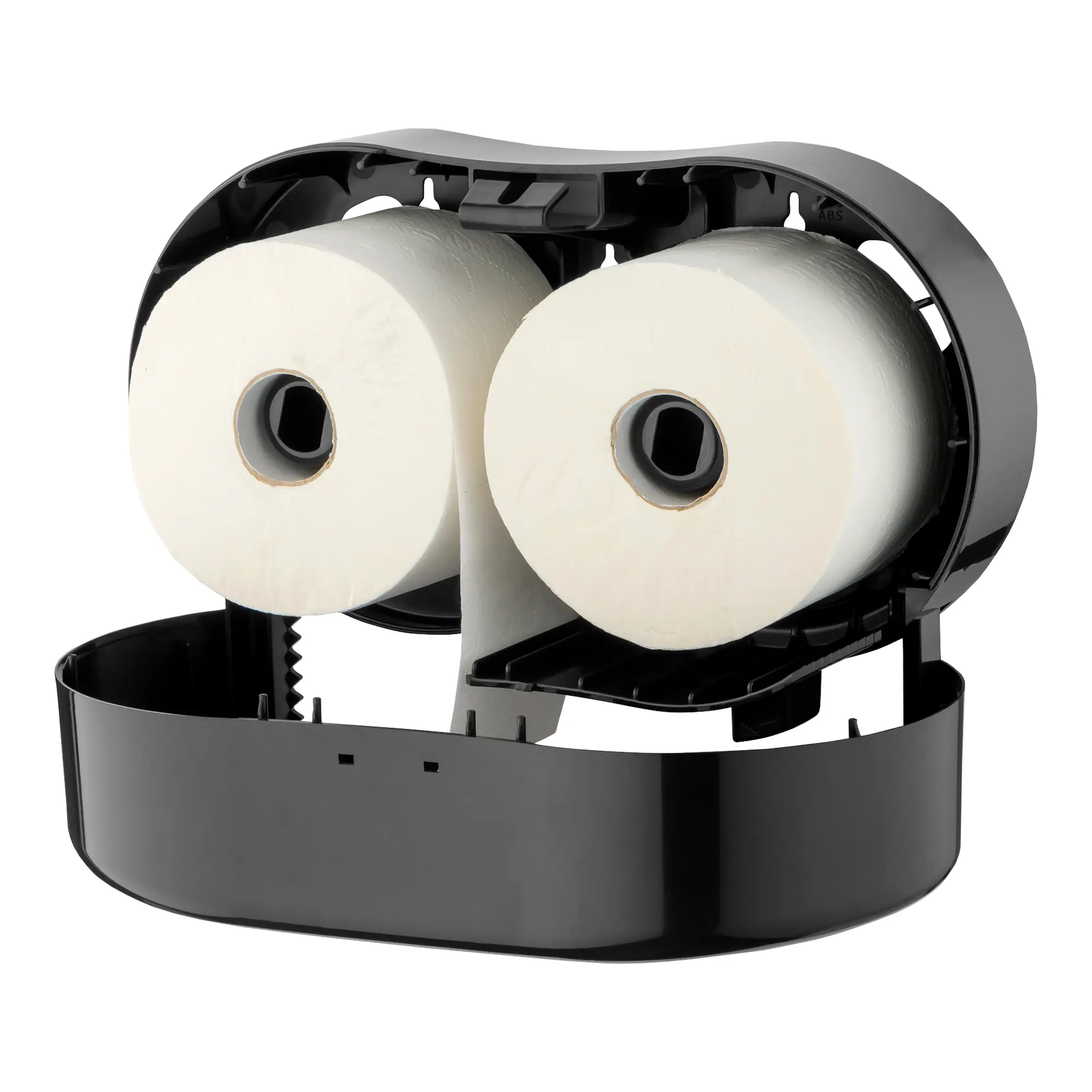 PlastiQline Toilettenpapierspender für 2 Rollen, horizontal montierbarer Wandspender mit Schloss, schwarzes Gehäuse mit Sichtfenster und weißer Plaque, Artikelnummer PQBTMDuo