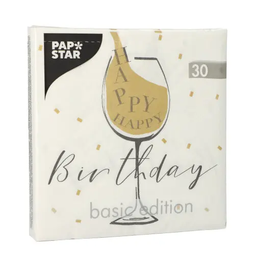 PAPSTAR Servietten, 3-lagig 1/4-Falz 33x33 cm weiß "Happy Birthday" mit goldenem Sektglas und Konfetti, FSC-zertifizierte Partyservietten, 30 Stück, Art.-Nr. 89310