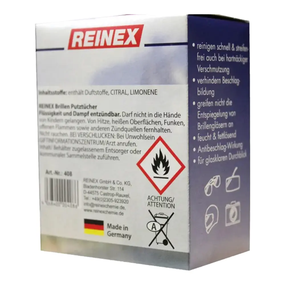 Reinex Brillenputztücher feucht, 30 Stück in Faltschachtel, fettlösende Tücher zur streifenfreien Reinigung von Brillen und optischen Geräten mit Antibeschlag-Wirkung