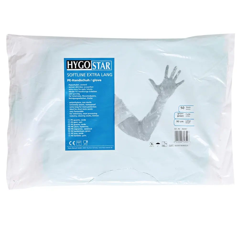 Hygostar Softline Long LDPE-Handschuhe, extra lange grüne Einweghandschuhe aus LDPE, puderfrei für hygienischen Schutz in Reinigung, Gastronomie, Pflege, VE 2000 Stück, Art.-Nr. 263207