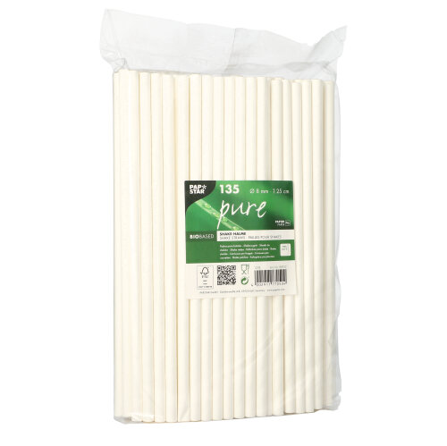 PAPSTAR Shake-Halme, Papier pure Ø 8 mm, 25 cm, weiß, FSC-zertifizierte und nachhaltige Trinkhalme für Milchshakes, Fruchtshakes, Limonaden und Erfrischungsgetränke, Verpackungseinheit 50 x 135 Stück