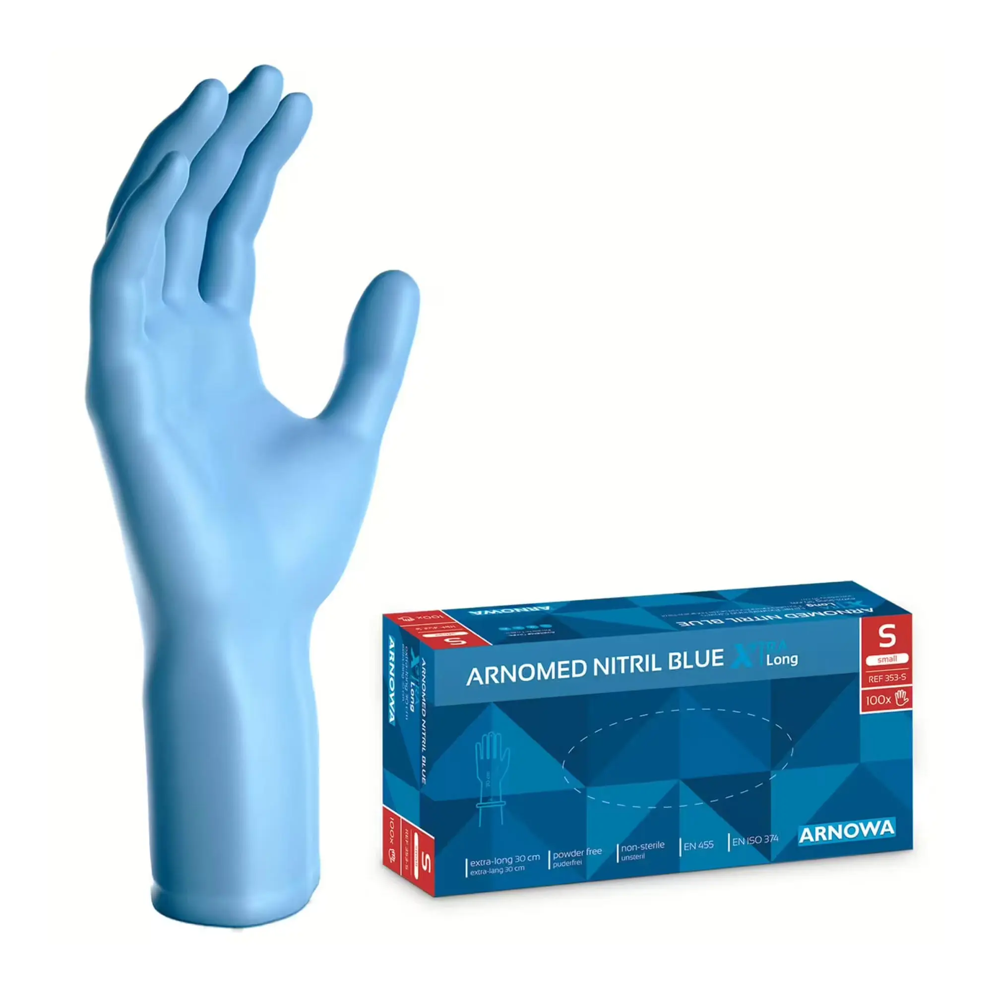ARNOMED NITRIL BLUE XTRA Long Nitril-Einweghandschuhe blau Größe S, extra lang, puderfrei, mit aufgestrecktem Handschuh und Verpackung in Blau, REF 353-S