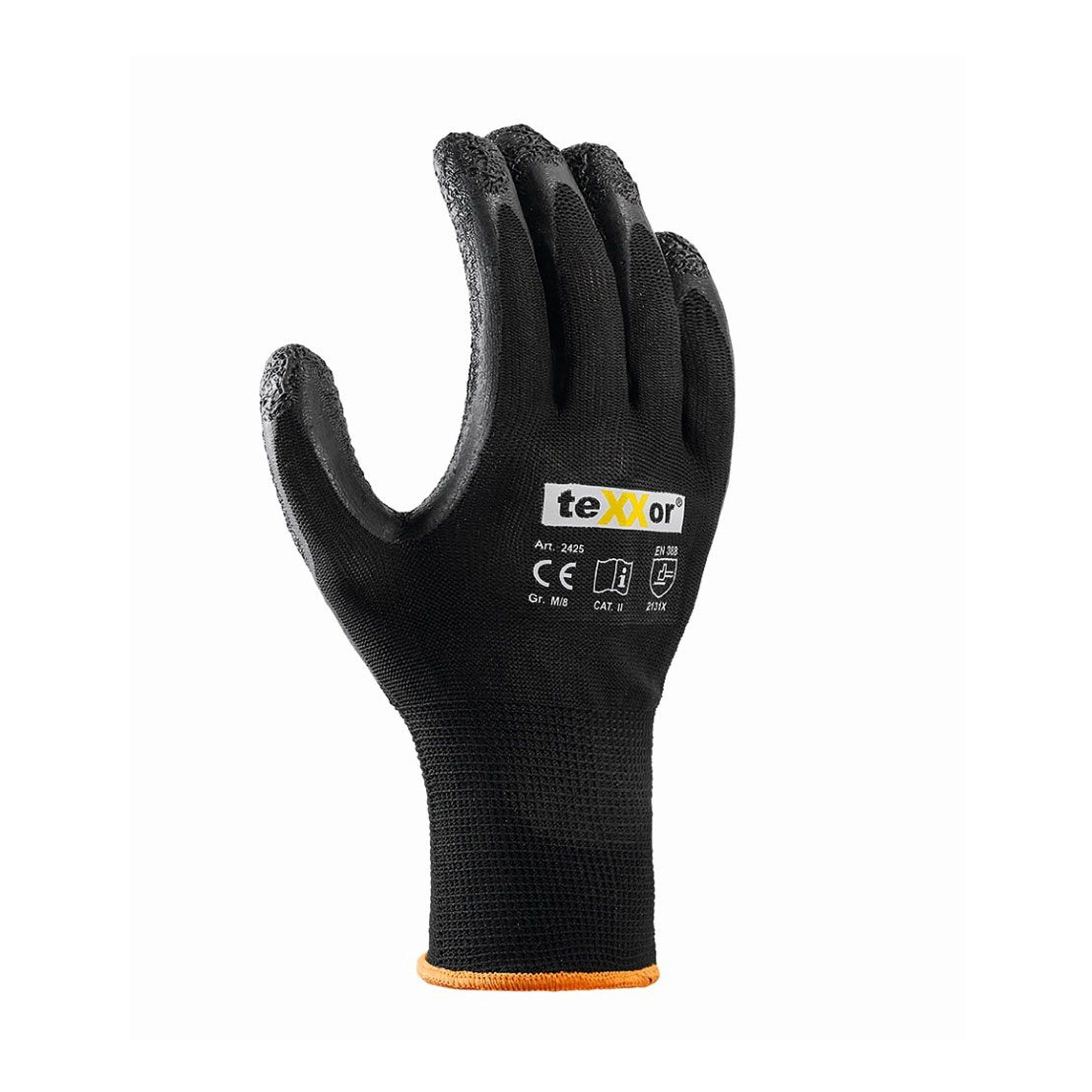 teXXor 2425 Feinstrickhandschuhe mit Latex-Beschichtung schwarz, VE 120 Paar
