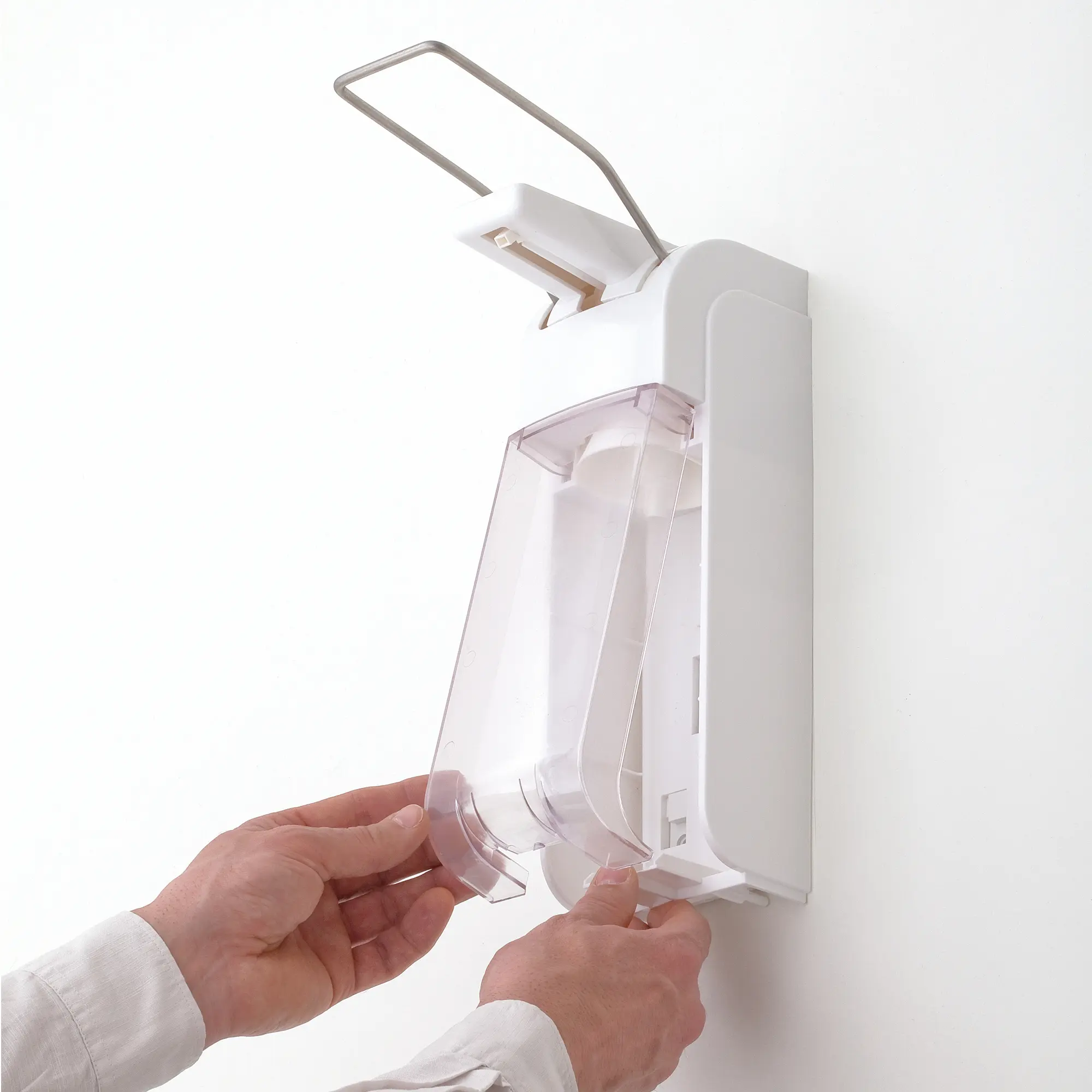 Armhebelspender Universal 500 ml/1000 ml Kunststoff von JM Metzger, weißer Wandspender mit Edelstahlarmhebel und abnehmbarer Abtropfschale für Euro-Flaschen