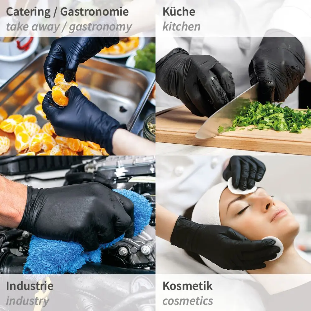 Hygostar Safe Super Stretch Premium Nitrilhandschuhe schwarz puderfrei im Einsatz in Gastronomie, Küche, Industrie und Kosmetik, VE 1000 Stück