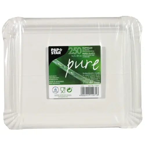 PAPSTAR Teller, Pappe "pure" eckig 16,5 x 20 cm weiß aus 100 % Frischfaserkarton, FSC-zertifizierte lebensmittelechte Einweg-Kuchenteller, Karton mit 250 Stück, Art.-Nr. 11071
