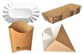 Snackverpackungen aus Karton und Papier für Pommes, Fingerfood und Streetfood, verschiedene Formen wie Schale, Schiffchen, Becher und Spitze