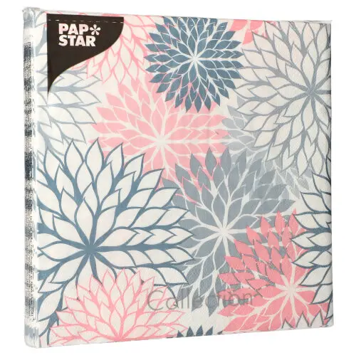 PAPSTAR Servietten, 3-lagig 1/4-Falz 40 cm x 40 cm grau "Floralies" aus Tissue, umweltfreundlich und FSC-zertifiziert, mit grau-rosafarbenem Blumenmotiv für elegante Tischdeko