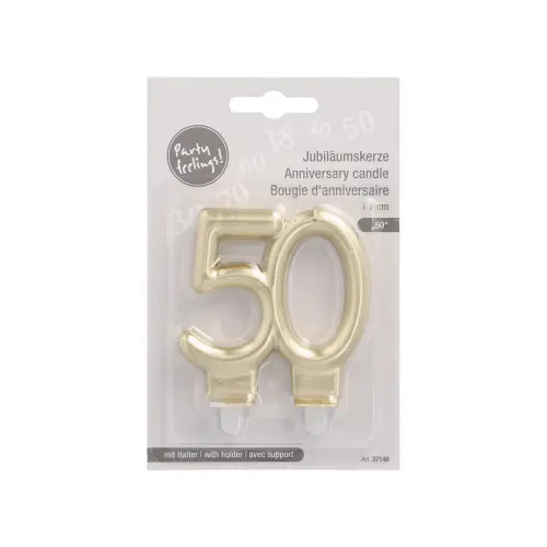 PAPSTAR Jubiläumskerzen mit Halter 7 cm gold "50", goldene Jubiläumskerze aus Paraffin mit Halter für Torten zum 50. Geburtstag, raucharm, Art. 37146