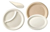 Bagasse Einweggeschirr Set mit runden und ovalen Tellern, geteilter Schale und Löffel, kompostierbar für Speisen to go, Art.-Nr. BG-SET-01