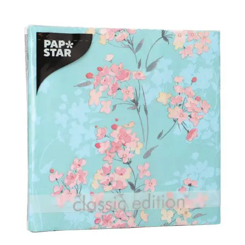 PAPSTAR Servietten, 3-lagig 1/4-Falz 33 x 33 cm Flower Tendril in Türkis mit rosa Blumenmotiv, FSC-zertifizierte Tissue-Servietten für Feier und Deko