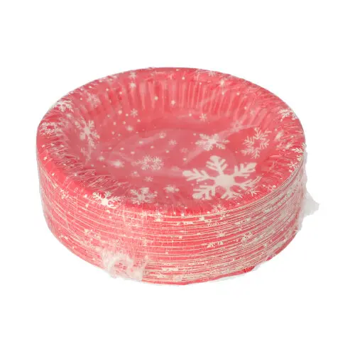 PAPSTAR Schalen, Pappe rund Ø 19 cm, 3 cm "Winter Time" aus FSC-zertifiziertem Frischfaserkarton, rote Weihnachtsschalen mit weißen Schneeflocken für Desserts und Snacks