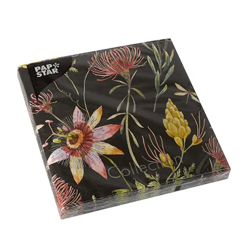 PAPSTAR Servietten, 3-lagig 1/4-Falz 33 x 33 cm Flowers in Schwarz mit buntem Blumenmotiv, umweltfreundliche Tissue-Deko-Servietten für Feste