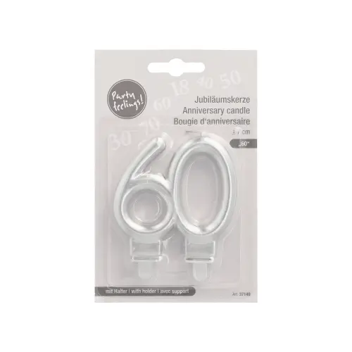 PAPSTAR Jubiläumskerzen mit Halter 7 cm silber "60" aus Paraffin, 7 cm hohe Zahlenkerzen für 60. Geburtstag oder Jubiläum, sauberer Abbrand, Artikelnr. 37148