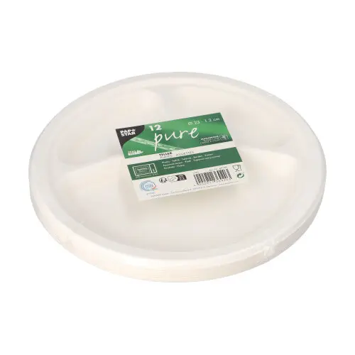 PAPSTAR Teller, Zuckerrohr "pure" 3-geteilt Ø 23 cm, 2 cm hoch, weiß, Einweg-Geschirr aus Bagasse, stabil, kompostierbar, 12 x 12 Stück, Artikel 89749