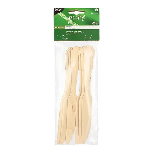 PAPSTAR Messer, Holz pure 20,5 cm Vintage, 15 x 6 Stück im Beutel – stabiles, geschmacksneutrales Holzbesteck aus Holz für Einweg-Tischdekoration