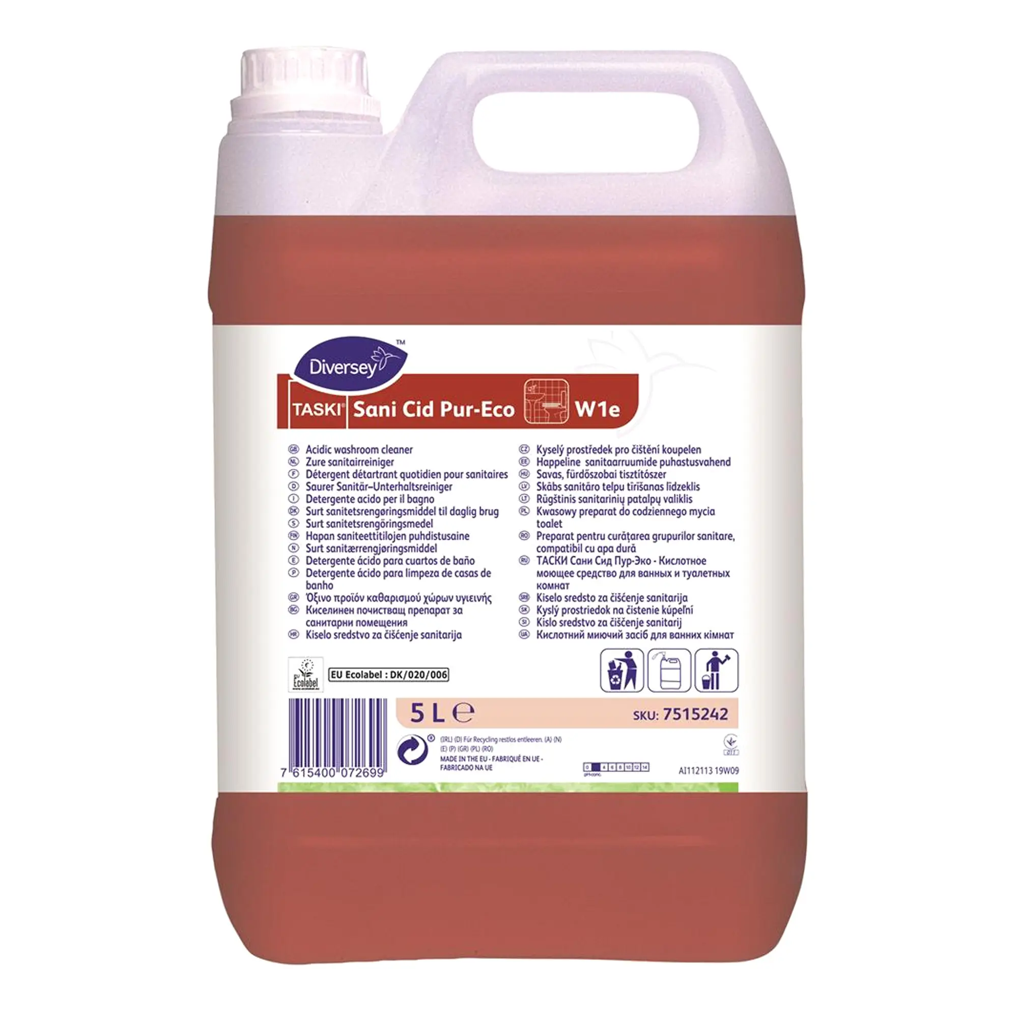 TASKI Sani Cid Pur-Eco W1e Sanitär-Unterhaltsreiniger 5 Liter Kanister von Taski, saurer Sanitärreiniger auf Zitronensäurebasis für die tägliche Reinigung, Artikelnummer 7515242