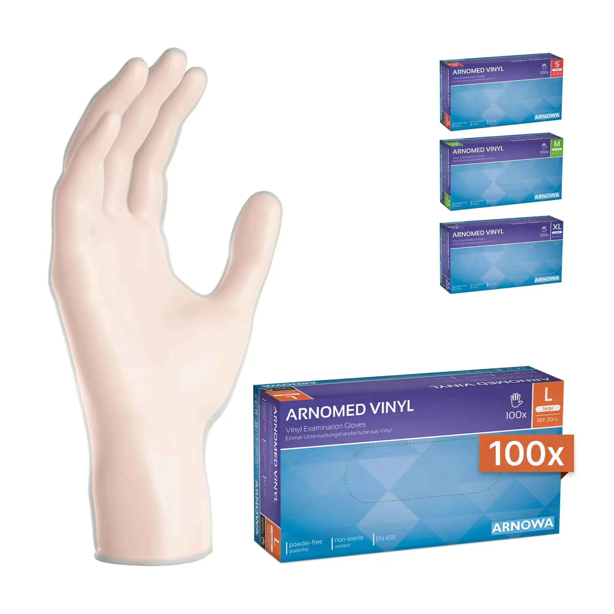 ARNOMED CLASSIC VINYL PF Vinylhandschuhe transparent puderfrei, 100 Stück in verschiedenen Größen, latexfreie Einmalhandschuhe für medizinische, hygienische und lebensmittelgeeignete Anwendungen