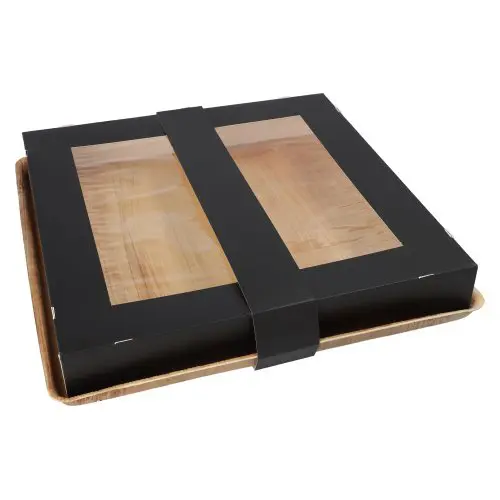 PAPSTAR Tabletts, Palmblatt eckig 5 cm x 33,5 cm x 33,5 cm mit separatem Deckel aus Karton, Sichtfenster und schwarzer Banderole für umweltbewusstes Catering, Artikel 89496