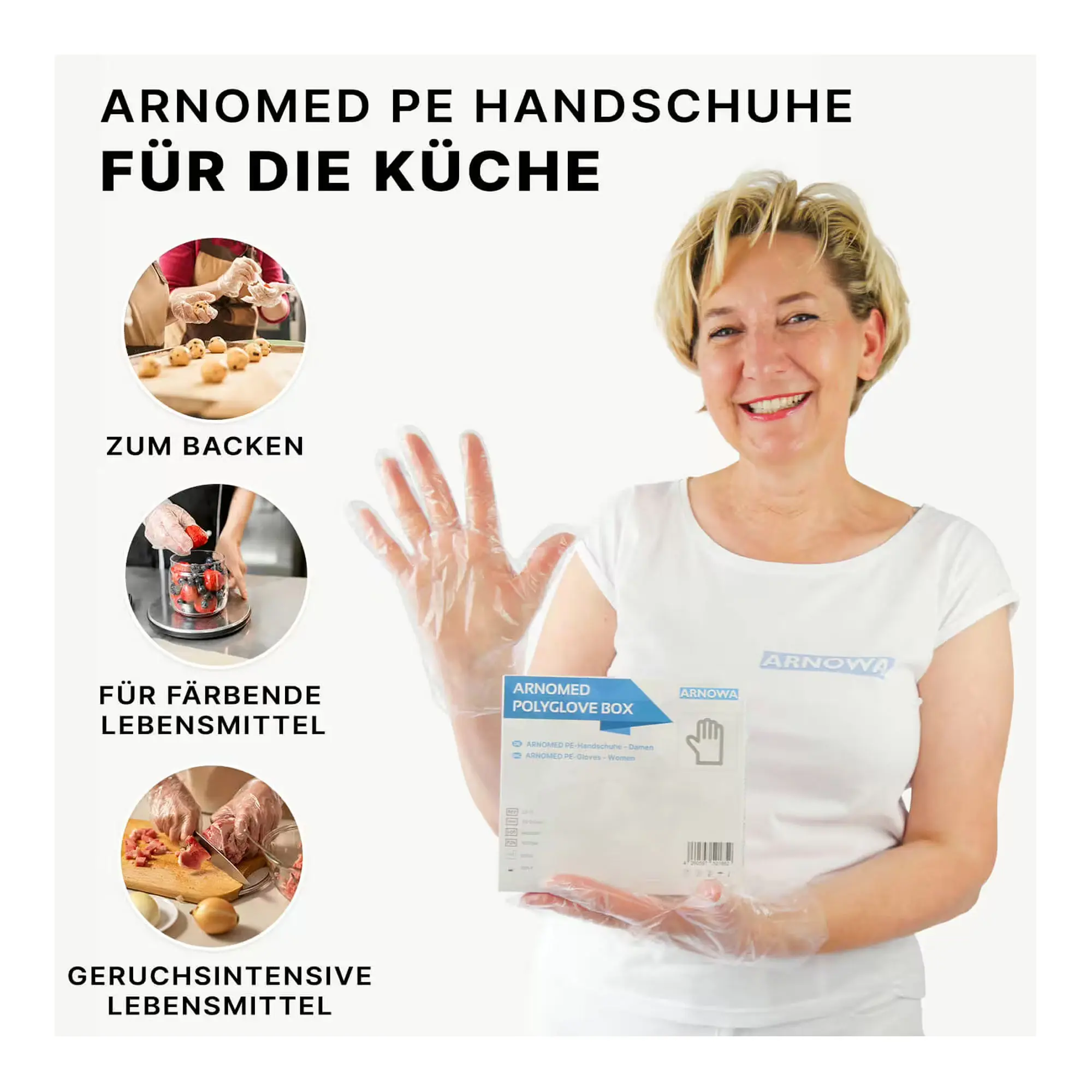 ARNOMED POLYGLOVE BOX PE-Einmalhandschuhe transparent, 100 Stück in der Box, getragen von Frau in Küche zum Backen und für färbende, geruchsintensive Lebensmittel