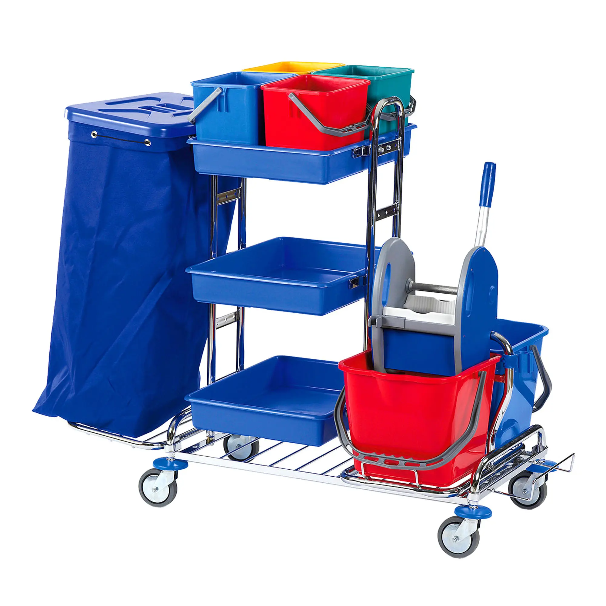 Floorstar SOLID RW 1 Q 2-120 Reinigungswagen für 2 x 120 l Abfallsäcke, verchromt mit Zwei-Eimer-Wischeinheit, 4 farbcodierten 6-l-Eimern, 3 Ablagewannen und Halterahmen für Müllsäcke, Artikelnummer SOLID-RW-1-Q-2-120