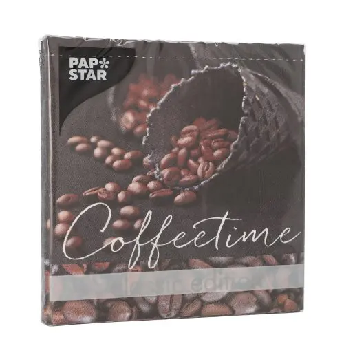 PAPSTAR Servietten, 3-lagig 1/4-Falz 33 cm x 33 cm Coffeetime mit Kaffeebohnen-Dekor, umweltfreundliche Tissue-Servietten für Kaffee und Kuchen, FSC-zertifiziert
