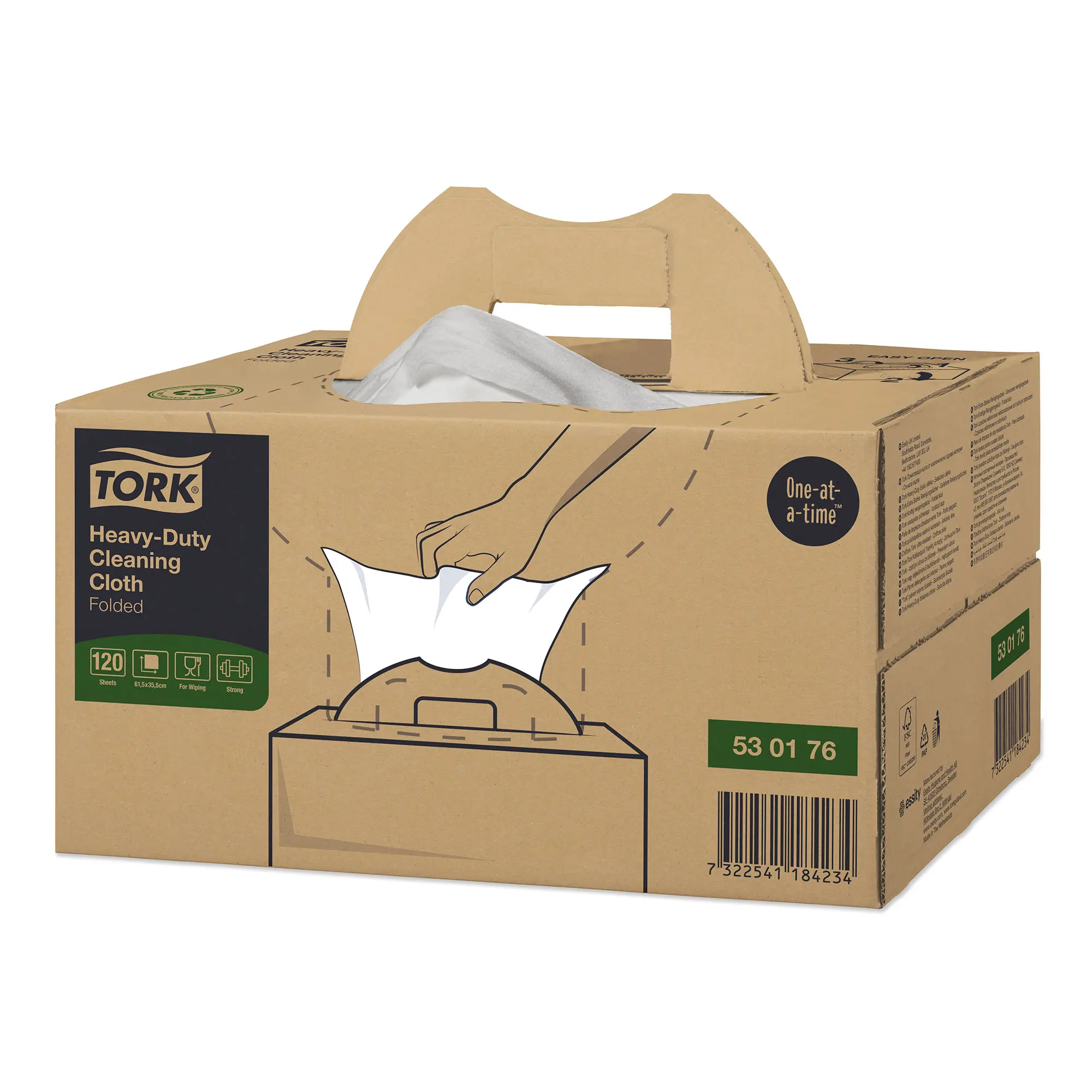 Tork 530176 Premium extra-starke Reinigungstücher W7 weiß, 1-lagig, 35,5 x 61,5 cm, 120 Tücher in tragbarer Recycling-Spenderbox, Artikelnr. 530176