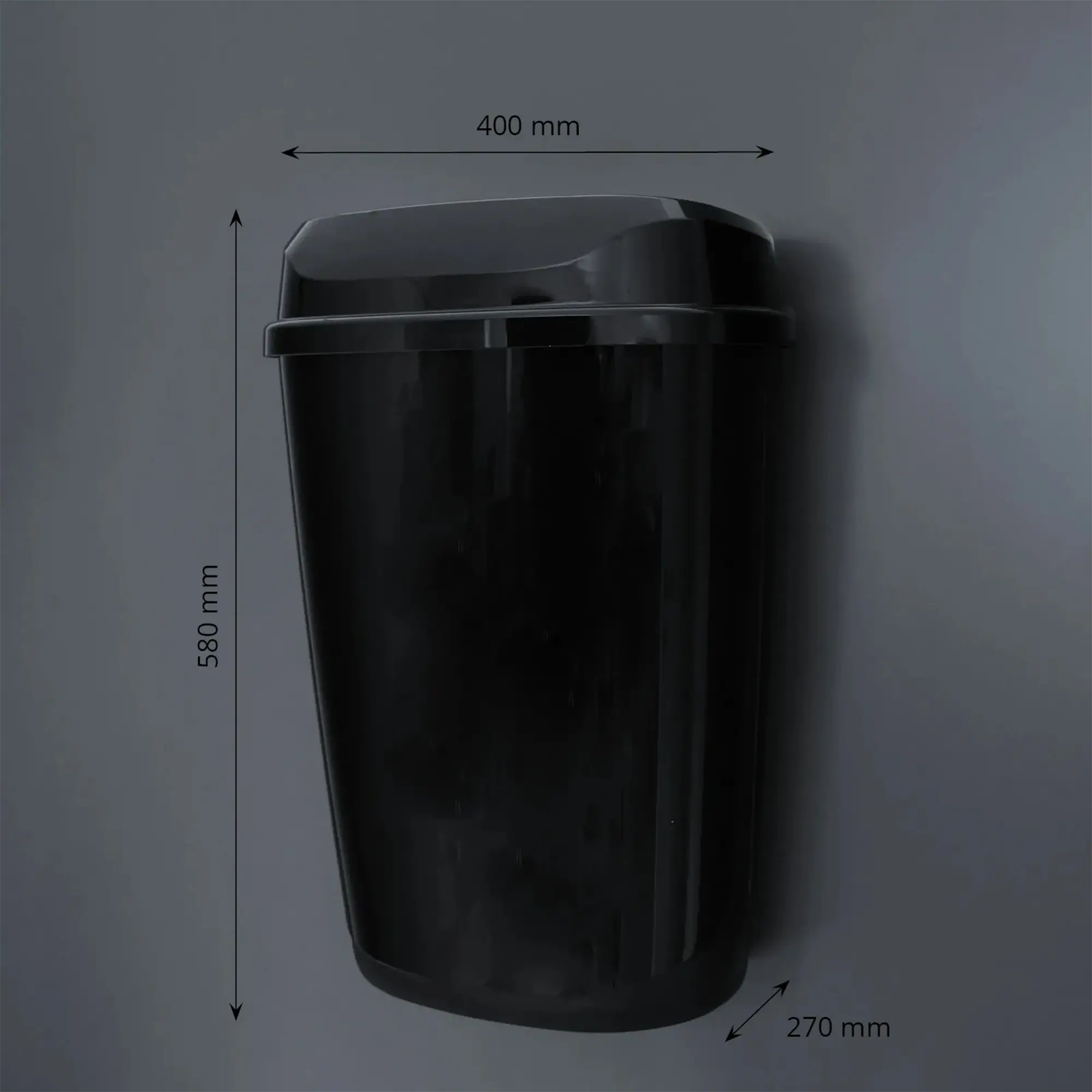 SEMYtop Mülleimer 32 Liter Kunststoff glänzend in Schwarz, offener Abfallbehälter für Sanitärbereich, Wandmontage, Maße 580 x 400 x 270 mm