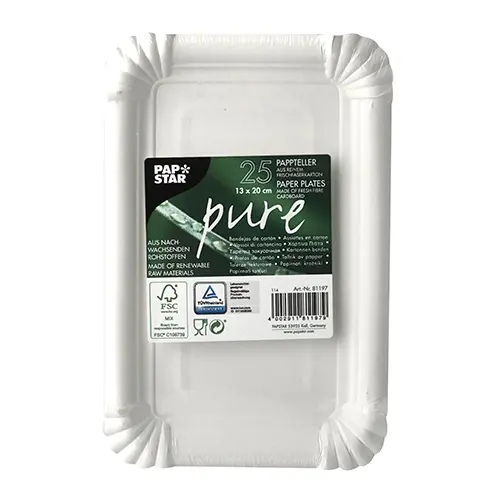 PAPSTAR Teller, Pappe "pure" eckig 13 x 20 cm weiß, lebensmittelechte Einweg-Kuchenteller aus 100 % Frischfaserkarton, FSC-zertifiziert, Art.-Nr. 81197