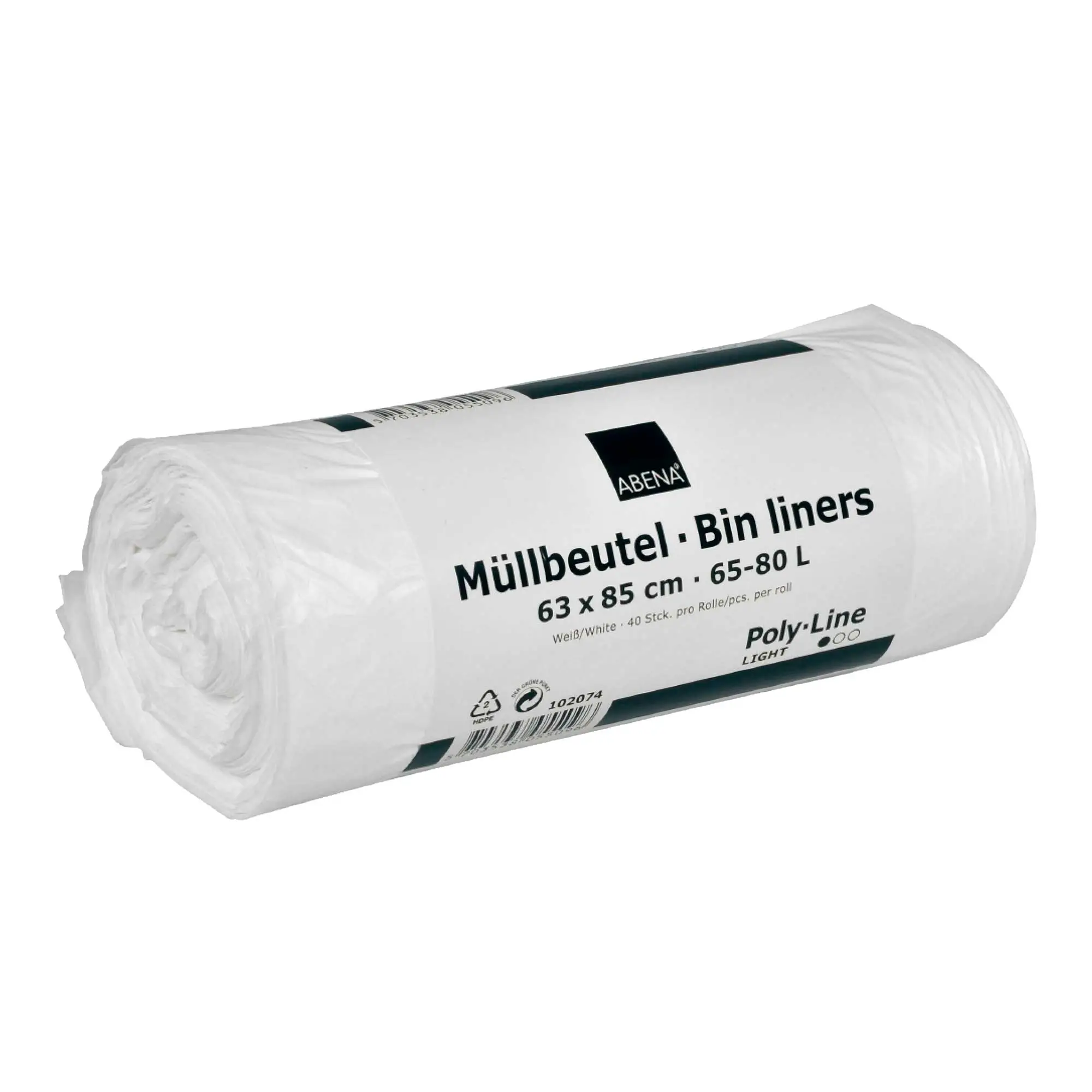 ABENA Müllbeutel 65-80 L weiß, 8 my, stabile HDPE Abfallsäcke auf Rolle für leichte Abfälle, Poly Line Light, ca. 63 x 85 cm