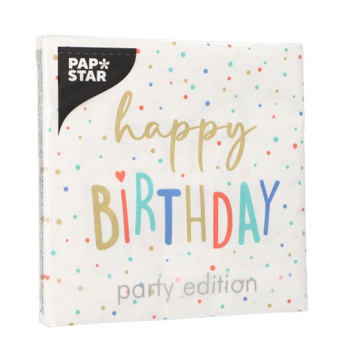 PAPSTAR Servietten Happy Birthday, 3-lagig, 33x33 cm, weiße Tissue-Serviette mit buntem Konfetti und Schriftzug happy birthday für Geburtstagsparty