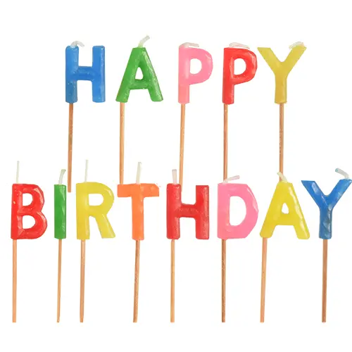 PAPSTAR Buchstabenkerzen-Set 8 cm "Happy Birthday" in bunten Farben auf Holzstäbchen, ideal für Geburtstagskuchen, Artikel 19559