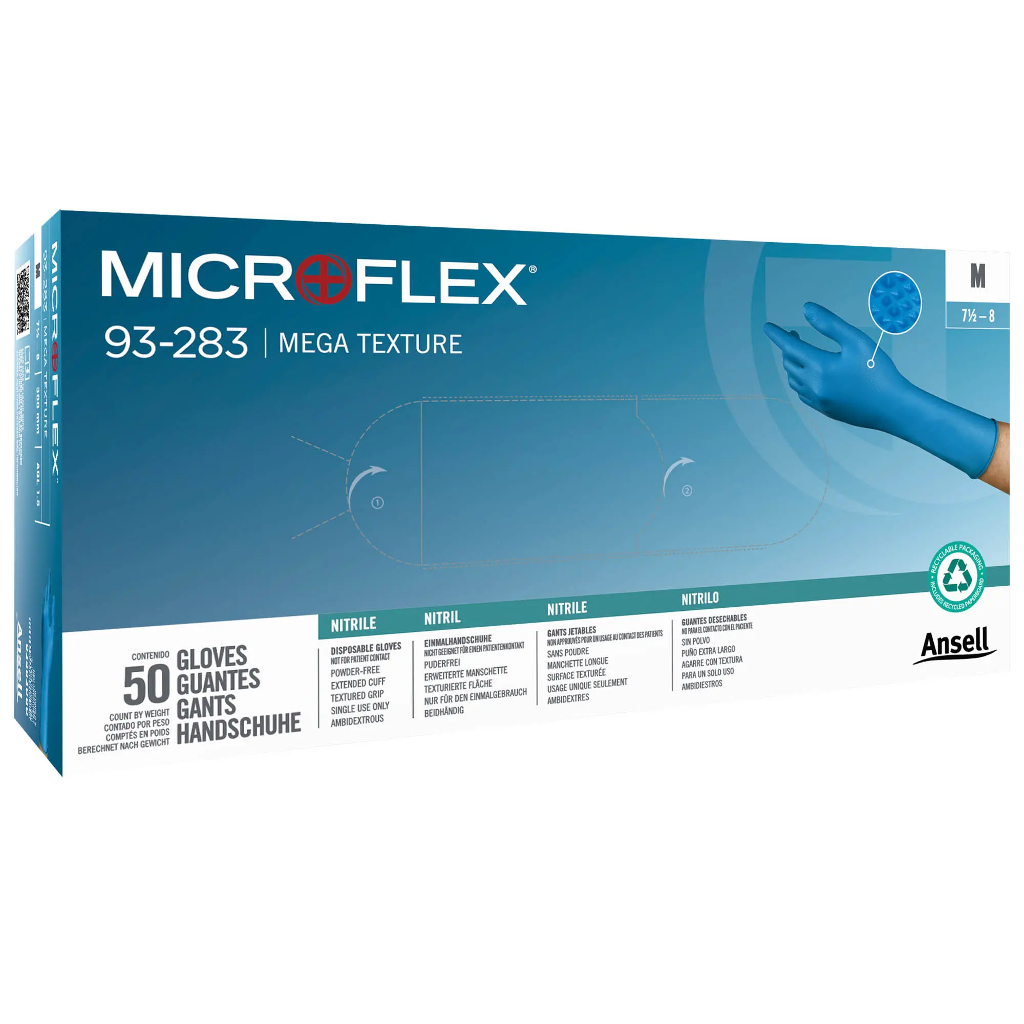 Ansell Microflex 93-283 Nitrilhandschuhe blau puderfrei mit Mega Texture für sicheren Halt bei Reinigung, Desinfektion sowie leichten Montage- und Wartungsarbeiten, VE 500 Stück, Artikelnummer 93-283