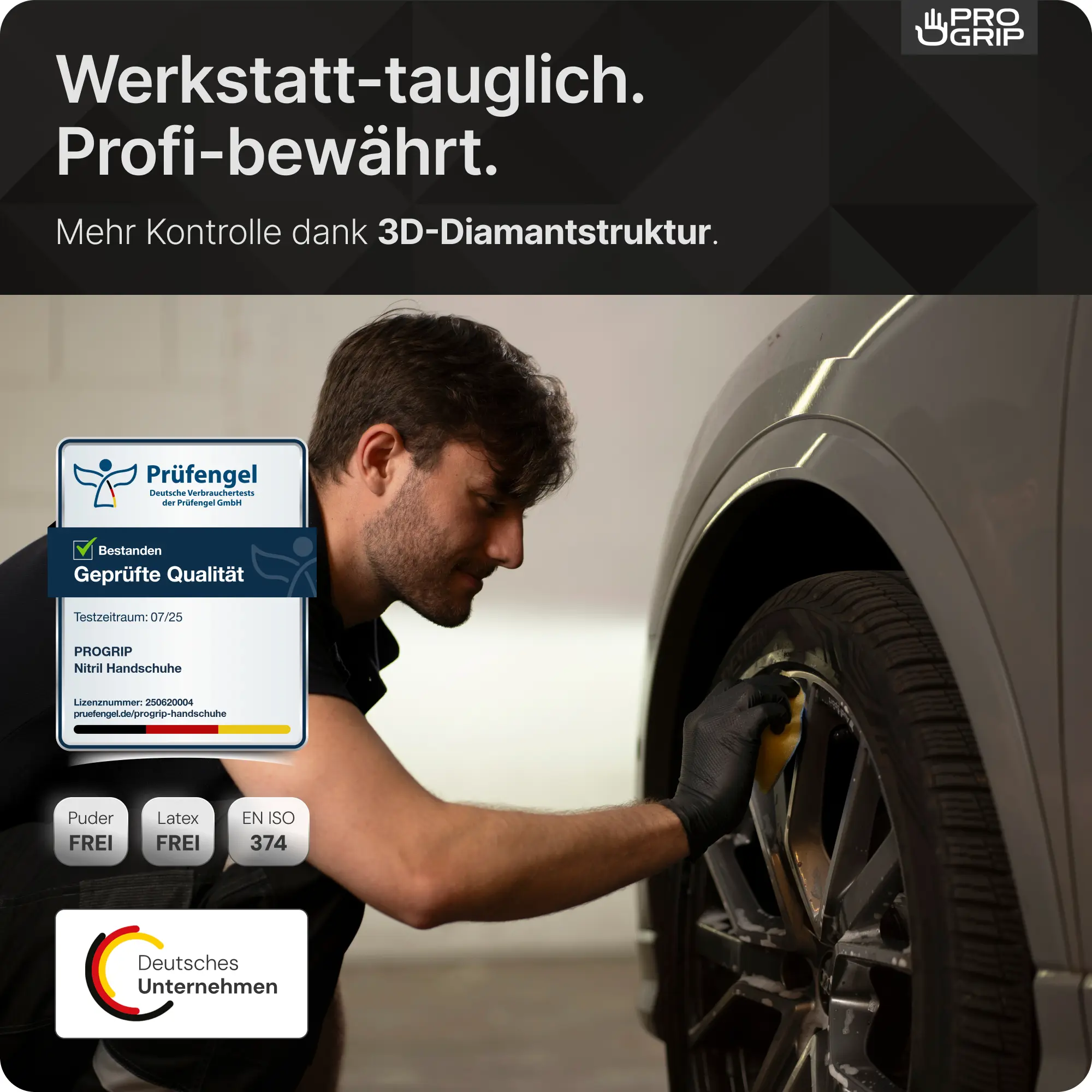 ARNOMED PROGRIP NITRIL DIAMOND BLACK Nitrilhandschuhe schwarz, puderfrei und latexfrei mit 3D-Diamantstruktur, ideal für Werkstatt, Reinigung und Lebensmittelindustrie, VE 50 Stück, Artikelnummer 2506200004