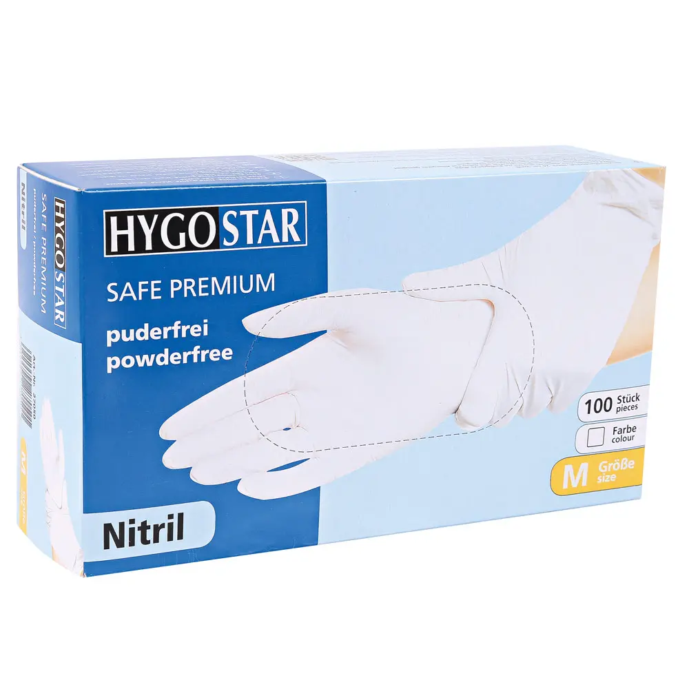 Hygostar Safe Premium Nitrilhandschuhe weiß puderfrei, latexfrei, Einmal-Nitrilhandschuhe für Medizin, Pflege und Lebensmittelindustrie, VE 1000 Stück