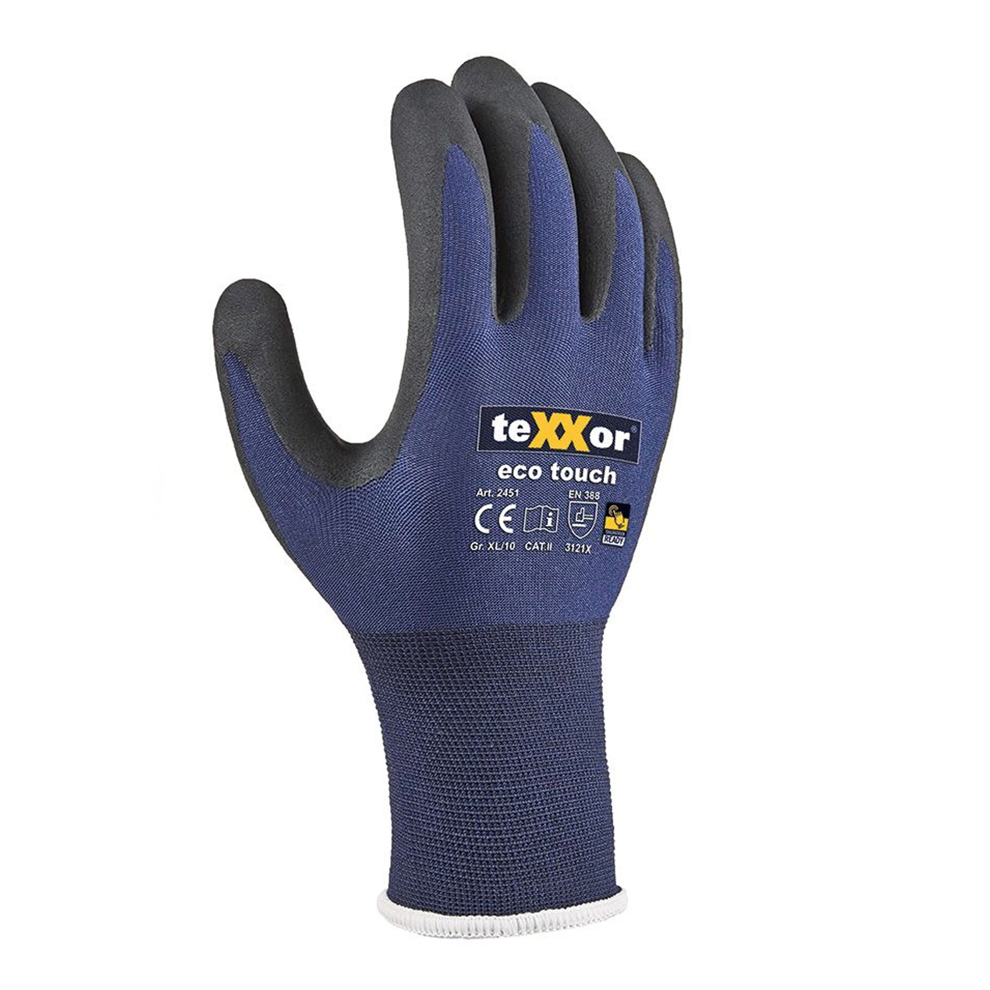 teXXor eco touch 2451 Strick Arbeitshandschuhe mit Nitril-Beschichtung blau/schwarz, VE 144 Paar