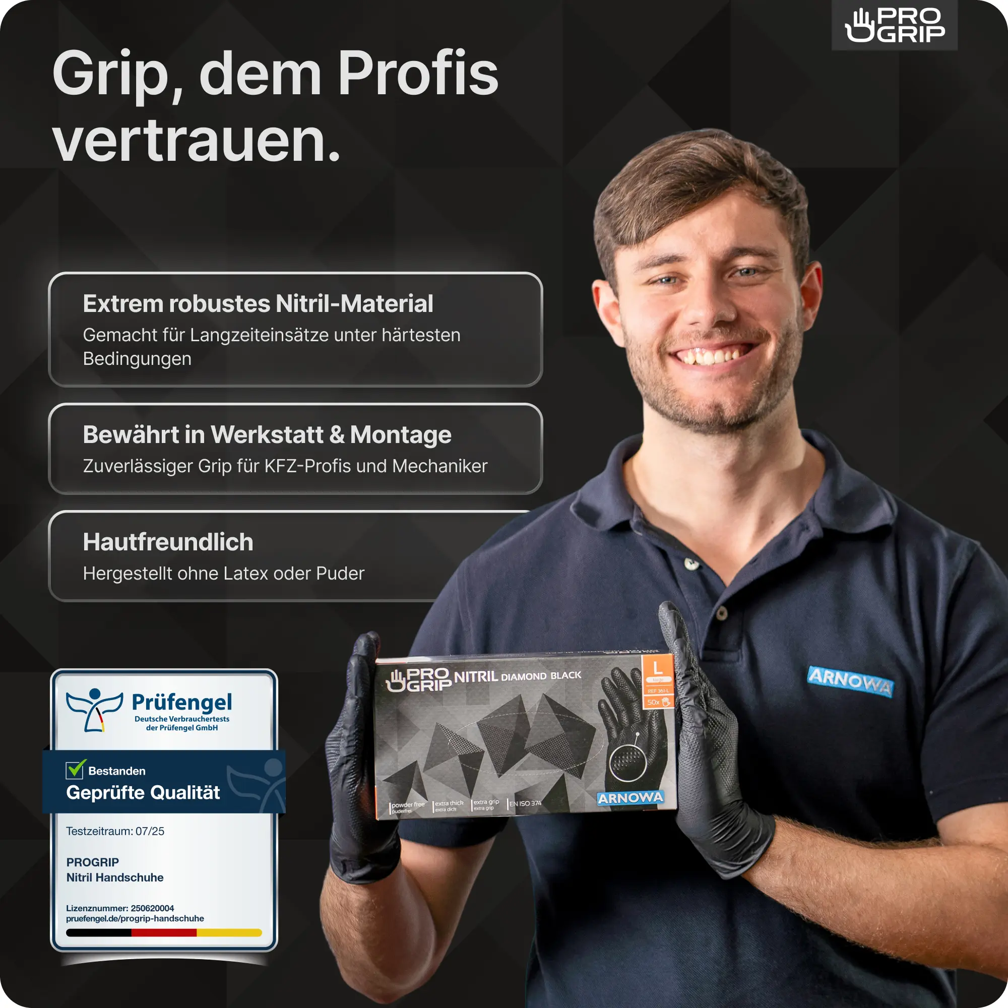 ARNOMED PROGRIP NITRIL DIAMOND BLACK Nitrilhandschuhe schwarz puderfrei, strukturierte Einweghandschuhe aus Nitril mit Diamond-Grip für Gastronomie, Reinigung, Desinfektion und Lebensmittelindustrie, 50 Stück je Box, Hersteller ARNOMED