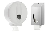 Toilettenpapier Spender Set mit rundem weißen Kunststoff-Großrollenspender und eckigem Edelstahlspender, ideal für öffentliche Waschräume, Artikelnummer 12345