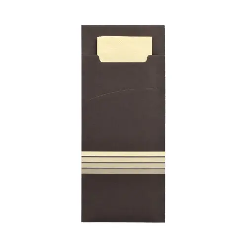 PAPSTAR 520 Bestecktaschen 20 cm x 8,5 cm schwarz/creme "Stripes" inkl. farbiger Serviette 33 x 33 cm 2-lag.
