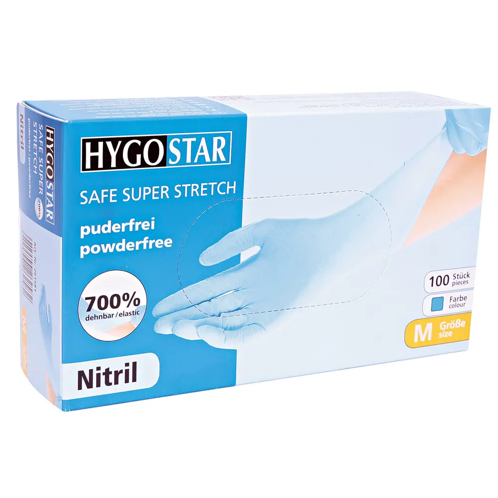 Hygostar Safe Super Stretch Nitrilhandschuhe blau puderfrei, VE 1000 Stück in Faltschachtel, hochdehnbares Nitril für Medizin, Pflege und Lebensmittelindustrie, 700 % elastisch