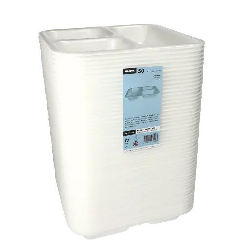 Starpak Siegelschalen XPS 3-geteilt 1350 ml, weiß laminiert, stapelbare XPS-Siegelschalen 24,5 x 26,5 x 4,2 cm von PAPSTAR, Art.-Nr. 88404