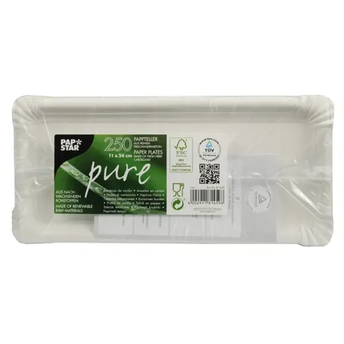 PAPSTAR Teller, Pappe "pure" eckig 11 cm x 24 cm weiß aus 100 % Frischfaserkarton, lebensmittelecht und FSC-zertifiziert, Verpackungseinheit 250 Stück