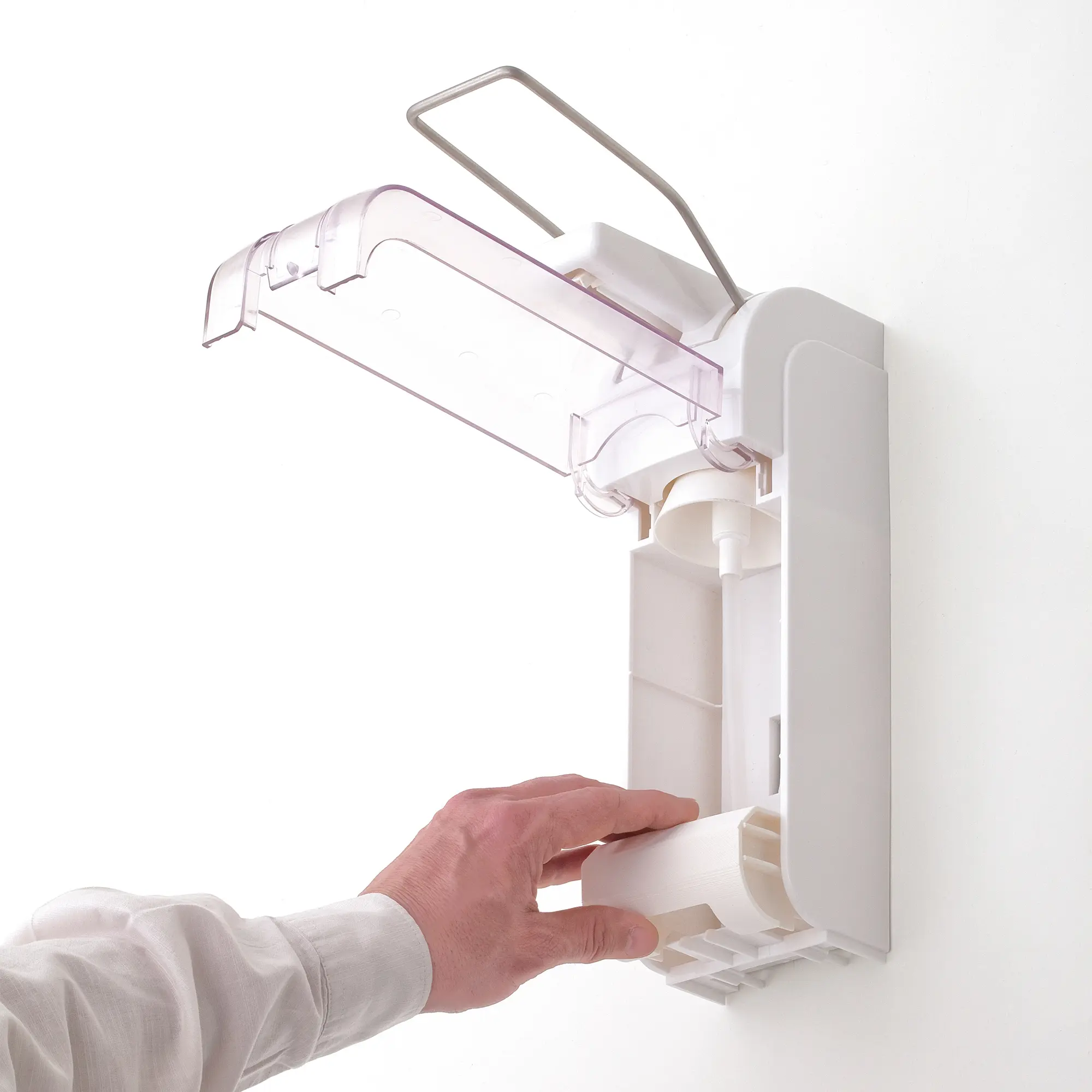 Armhebelspender Universal 500 ml/1000 ml Kunststoff von JM Metzger, wandmontierter Dosierspender mit Edelstahlarmhebel und klappbarer Abtropfschale für Desinfektionsmittel und Seife