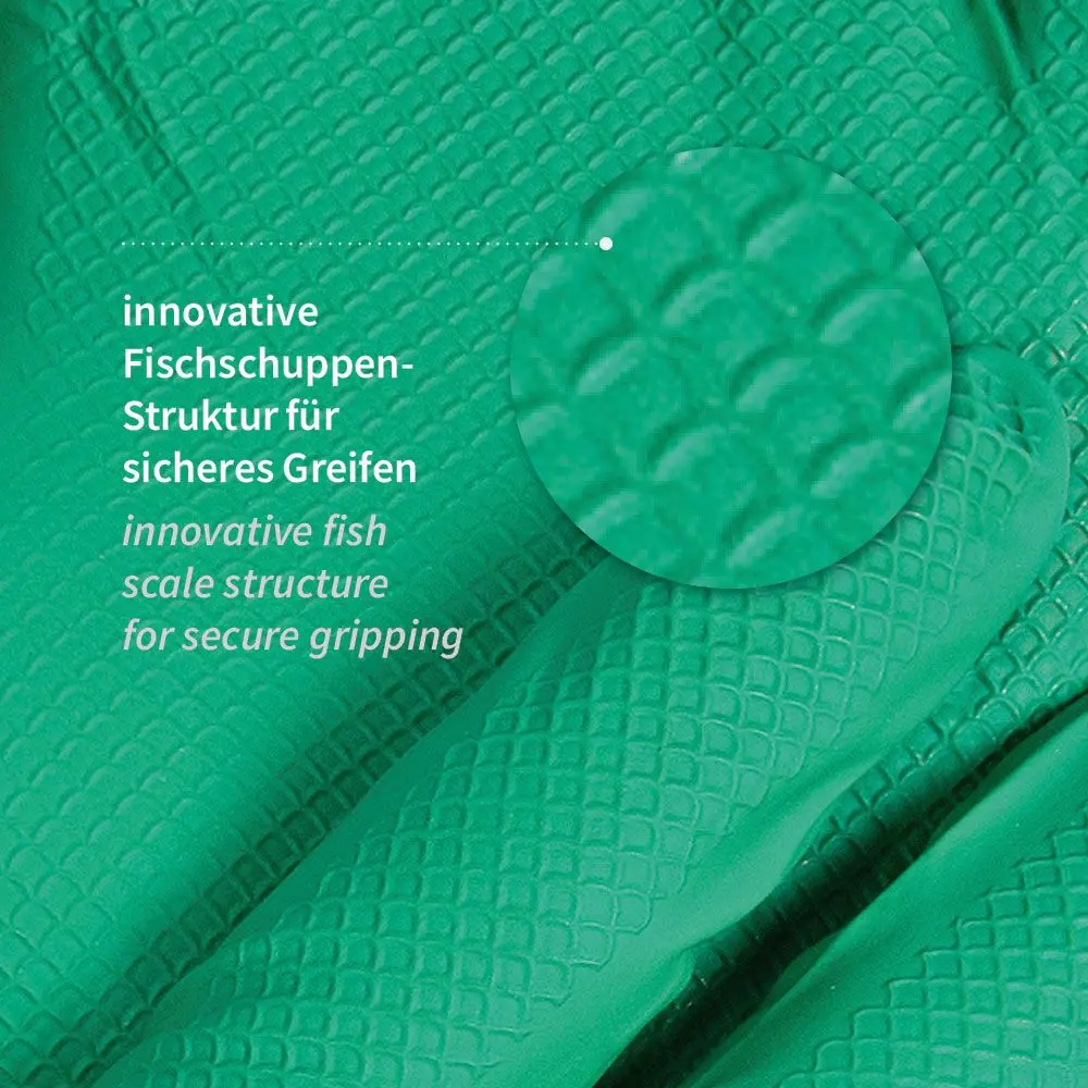Hygostar Power Grip Nitrilhandschuhe grün puderfrei mit innovativer Fischschuppen-Struktur für sicheren Griff bei Nässe, Öl und Fett, VE 500 Stück