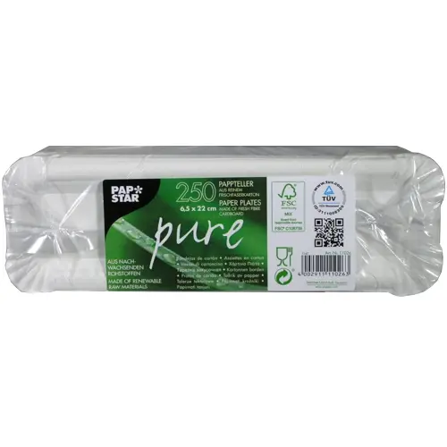 PAPSTAR Teller, Pappe "pure" eckig 6,5 x 22 cm weiß, FSC-zertifizierte Pappteller aus 100 % Frischfaserkarton, lebensmittelecht und nachhaltig, Packung mit 250 weißen rechteckigen Tellern