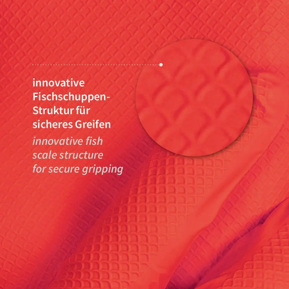 Hygostar Power Grip Nitrilhandschuhe rot puderfrei mit markanter Fischschuppen-Struktur für sicheren, rutschfesten Grip in Gastronomie und Lebensmittelindustrie